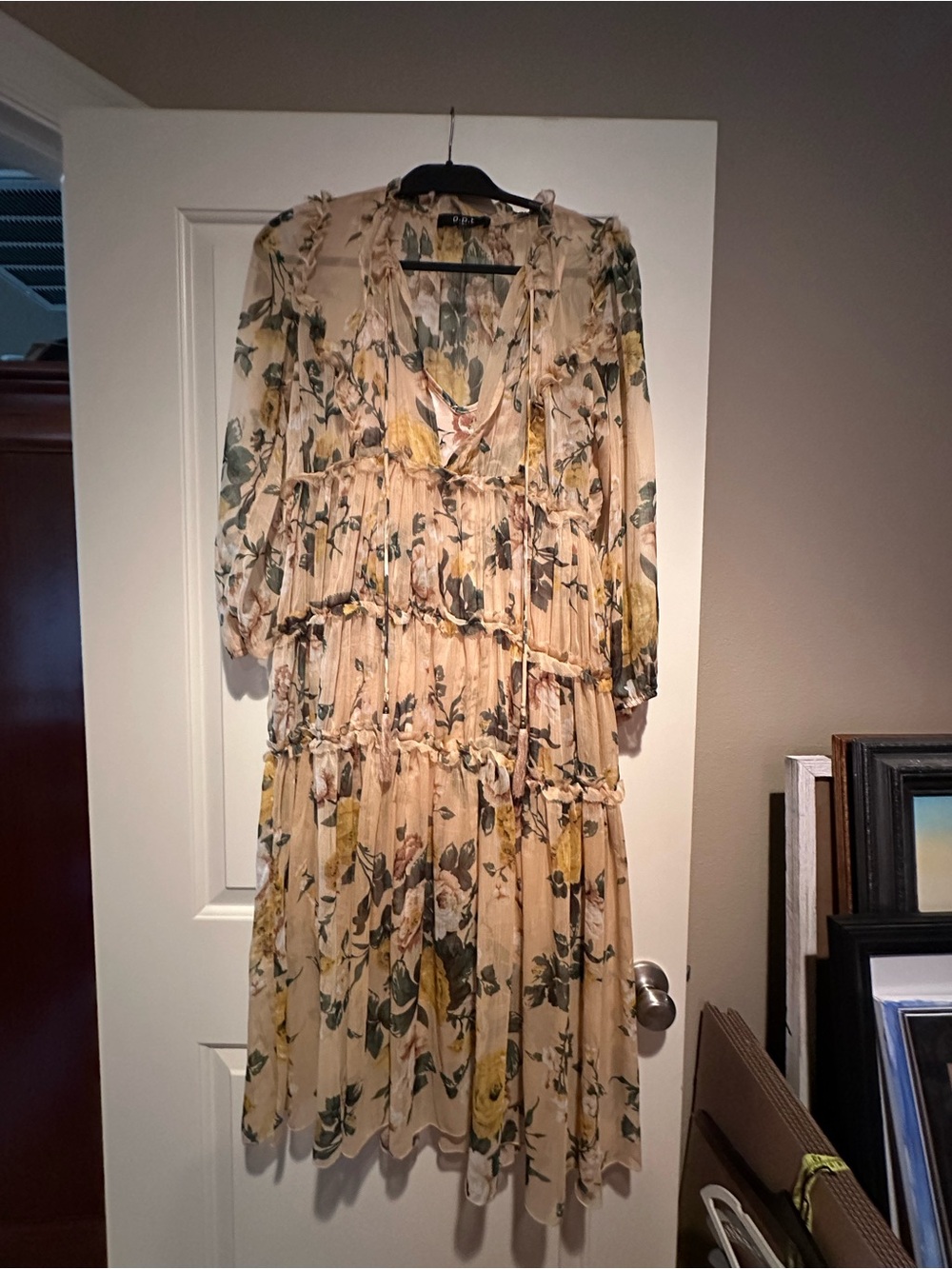 OPTFloral Tiered Midi Dress in Cream and Green